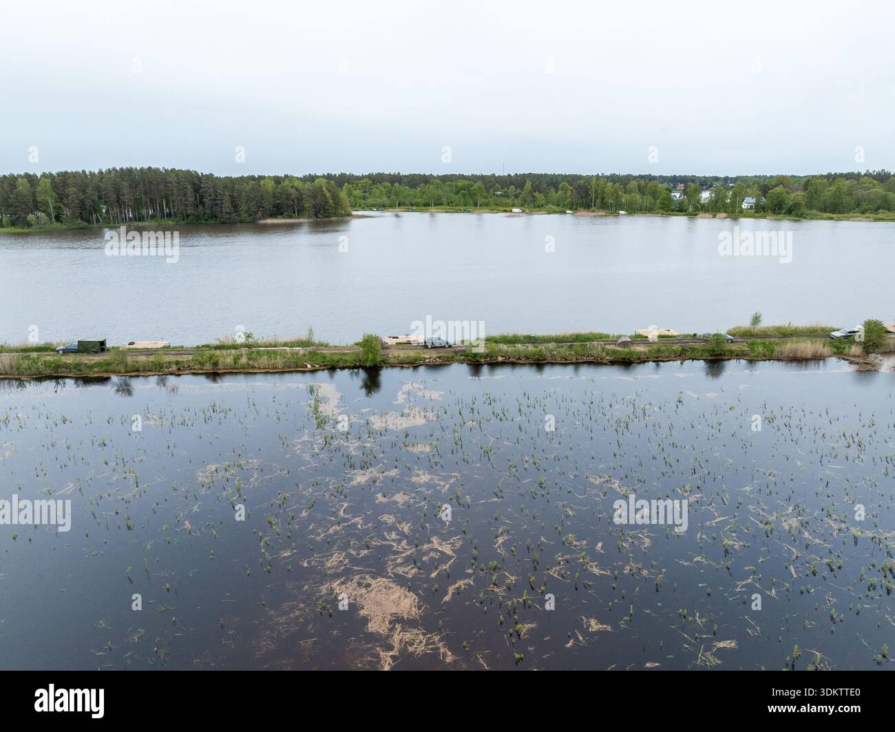 Una superficie d'acqua riflettente con piante acquatiche, divisa da una stretta striscia di terreno con vegetazione sparsa, delimitata da foreste e strutture lontane. Foto Stock