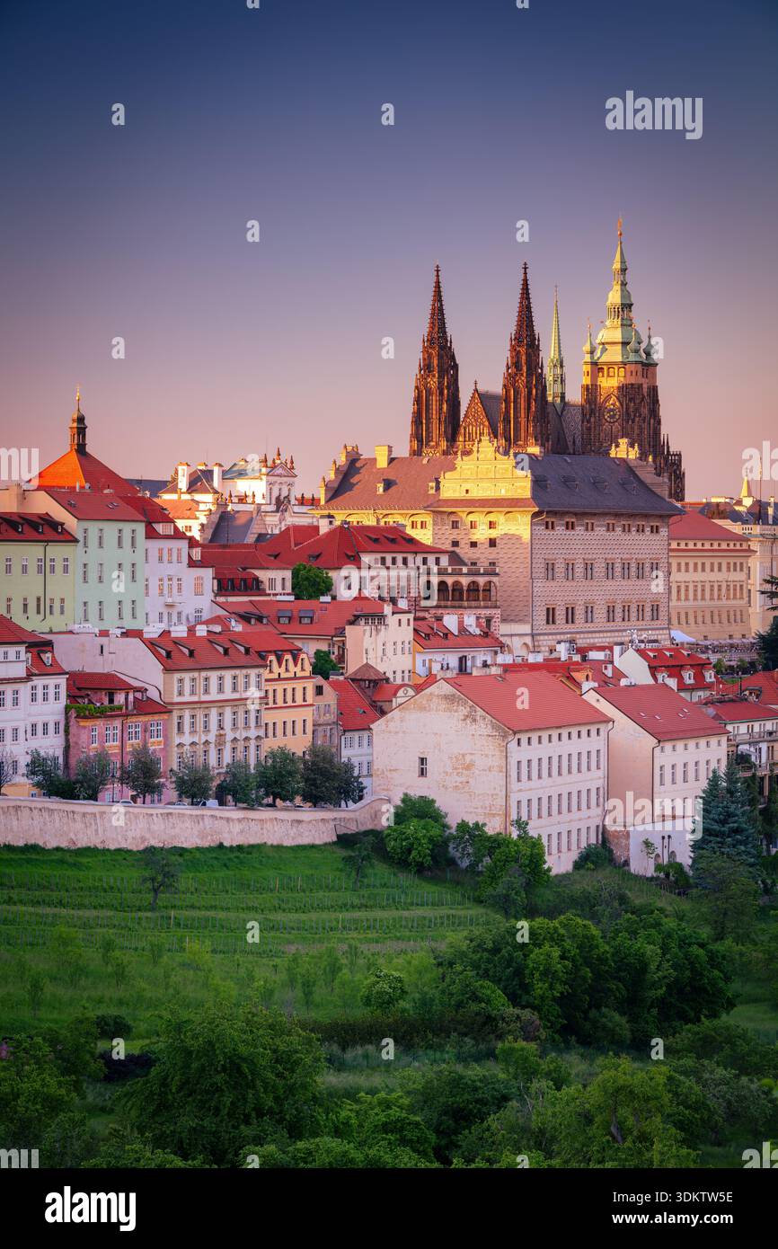 Praga, Repubblica Ceca. Immagine aerea della città di Praga, capitale della Repubblica Ceca con la cattedrale di San Vito all'ora blu crepuscolo. Foto Stock