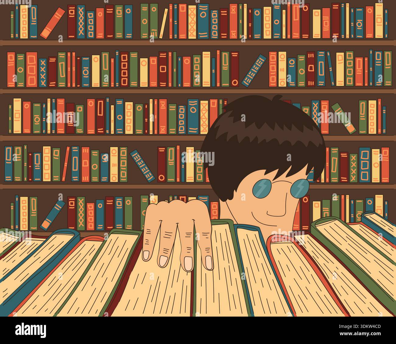 Illustrazione del contorno del cartone animato marrone, verde e rosso. Un uomo con gli occhiali prende un libro in biblioteca Illustrazione Vettoriale