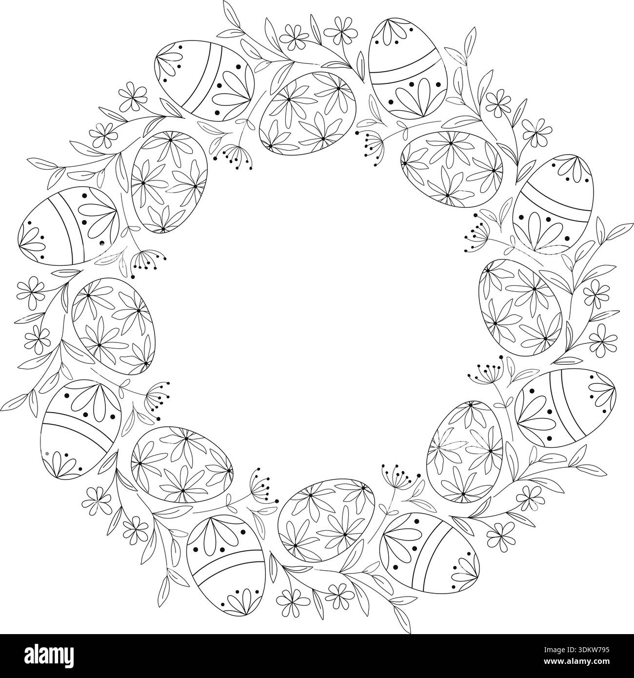La silhouette nera delle uova di Pasqua, dei fiori e delle erbe crea una cornice circolare. Inchiostro circolare per festività. Modello per cartolina, volantino, invito Illustrazione Vettoriale