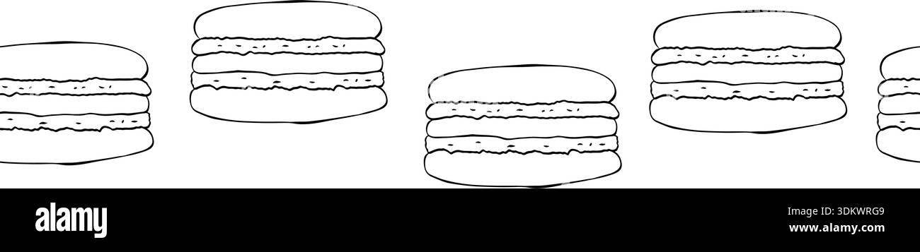 Bordo orizzontale senza cuciture con macaron colorati disegnati a mano. Inchiostro grafico vettoriale nero, bianco art. Design per grafica di moda, testo Illustrazione Vettoriale