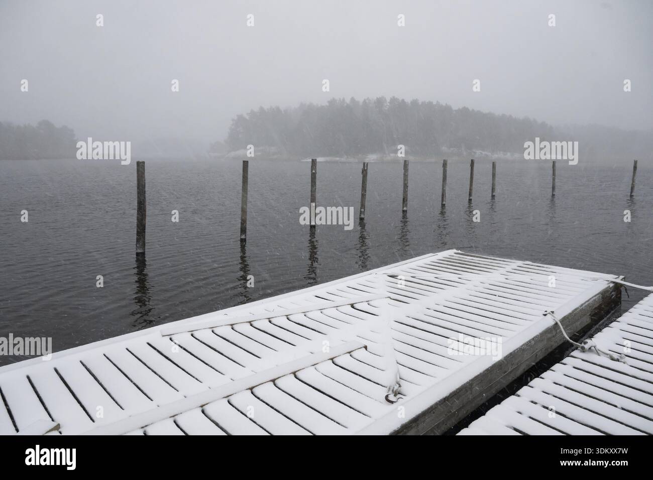 Passerella innevata, nevicate fresche, neve soffocante, Korpo o Korppo, arcipelago sud-occidentale, Finlandia Foto Stock
