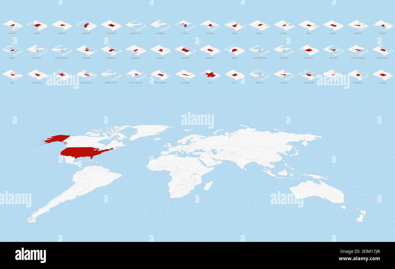 Mappe di stato DEGLI STATI UNITI in stile Isometric Folded Paper con una mappa del mondo Focus sugli Stati Uniti in colore rosso. Illustrazione Vettoriale