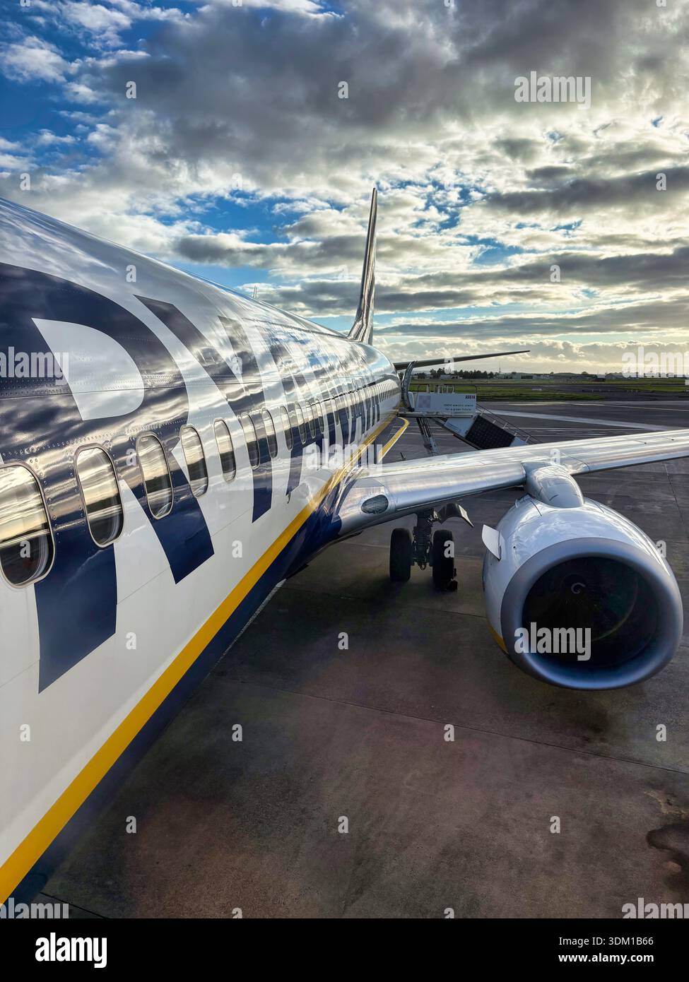 Aeromobili Ryanair Boeing 737 parcheggiati sul grembiule dell'aeroporto con motore jet e ala visibile Foto Stock