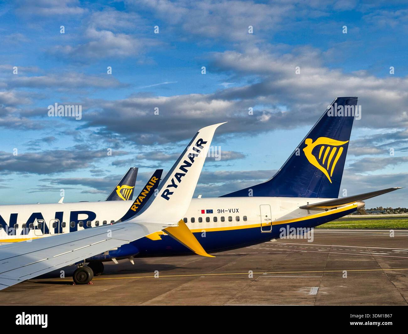 Code di aerei Ryanair parcheggiate sul piazzale dell'aeroporto vicino alla pista sotto il cielo nuvoloso - Immagine stock catturata con smartphone