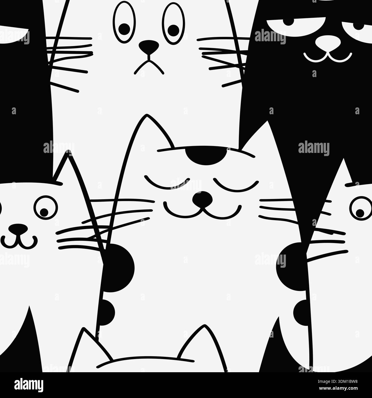 Motivo senza cuciture con simpatici gatti divertenti in bianco e nero Illustrazione Vettoriale