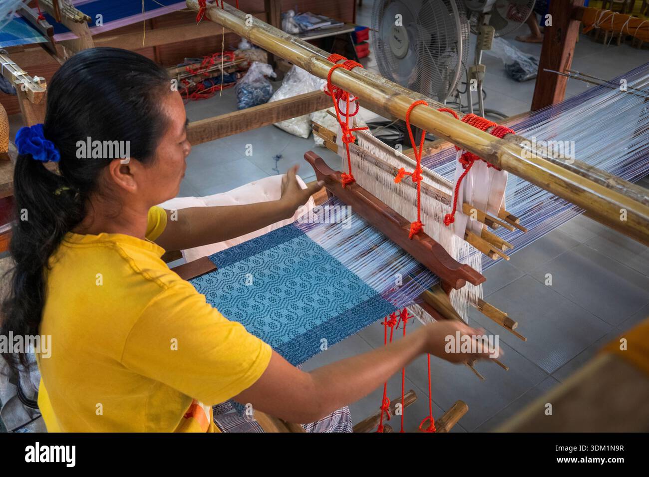 Tailandia, Isaan, Sakon Nakhon, progetto Donkoi Sustainable Village, tessitura a mano di tessuti di cotone tinti naturalmente con motivi tradizionali su telaio in legno Foto Stock