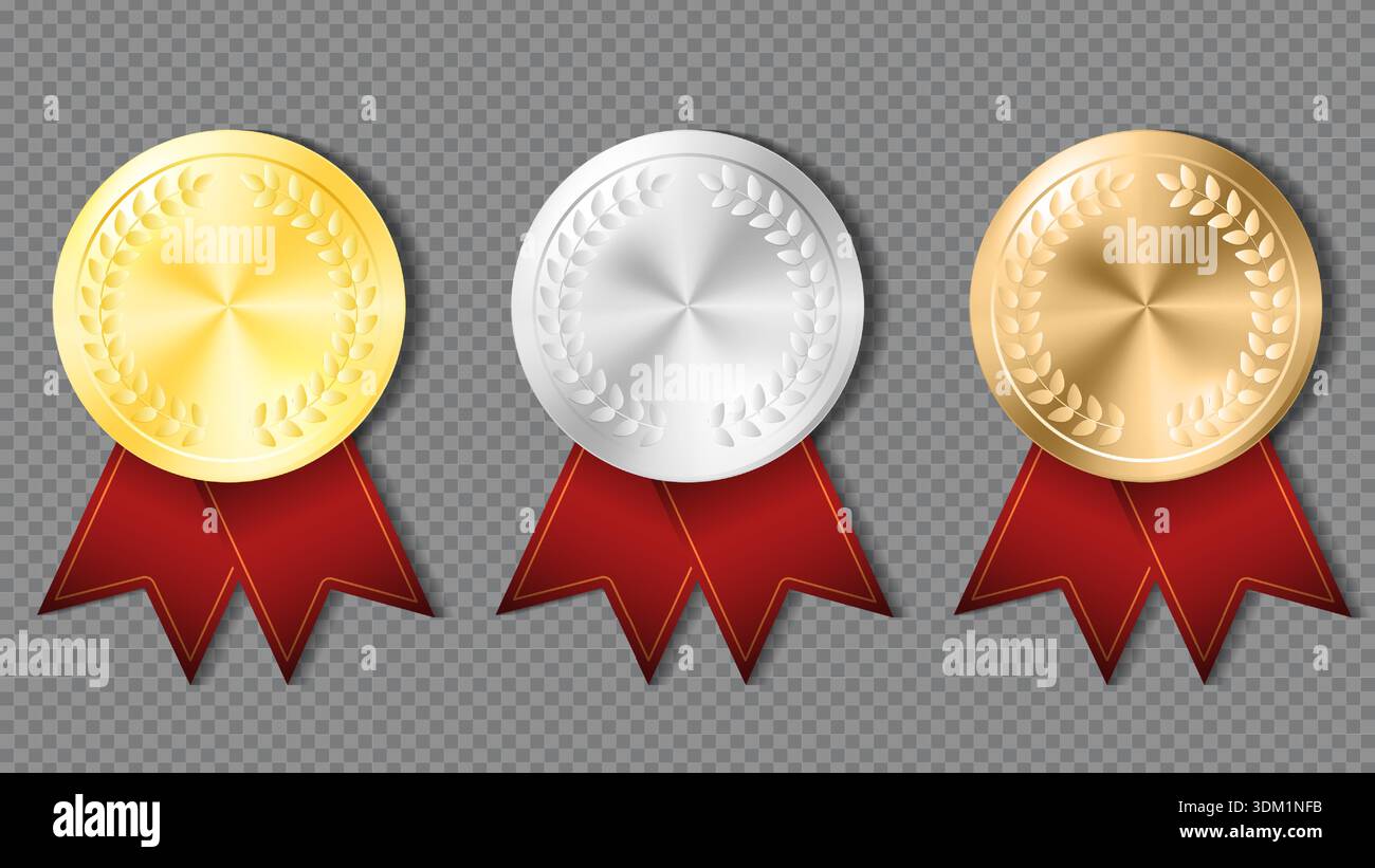 Tre riconoscimenti distintivi con medaglie d'oro, d'argento e di bronzo con nastri decorativi Illustrazione Vettoriale