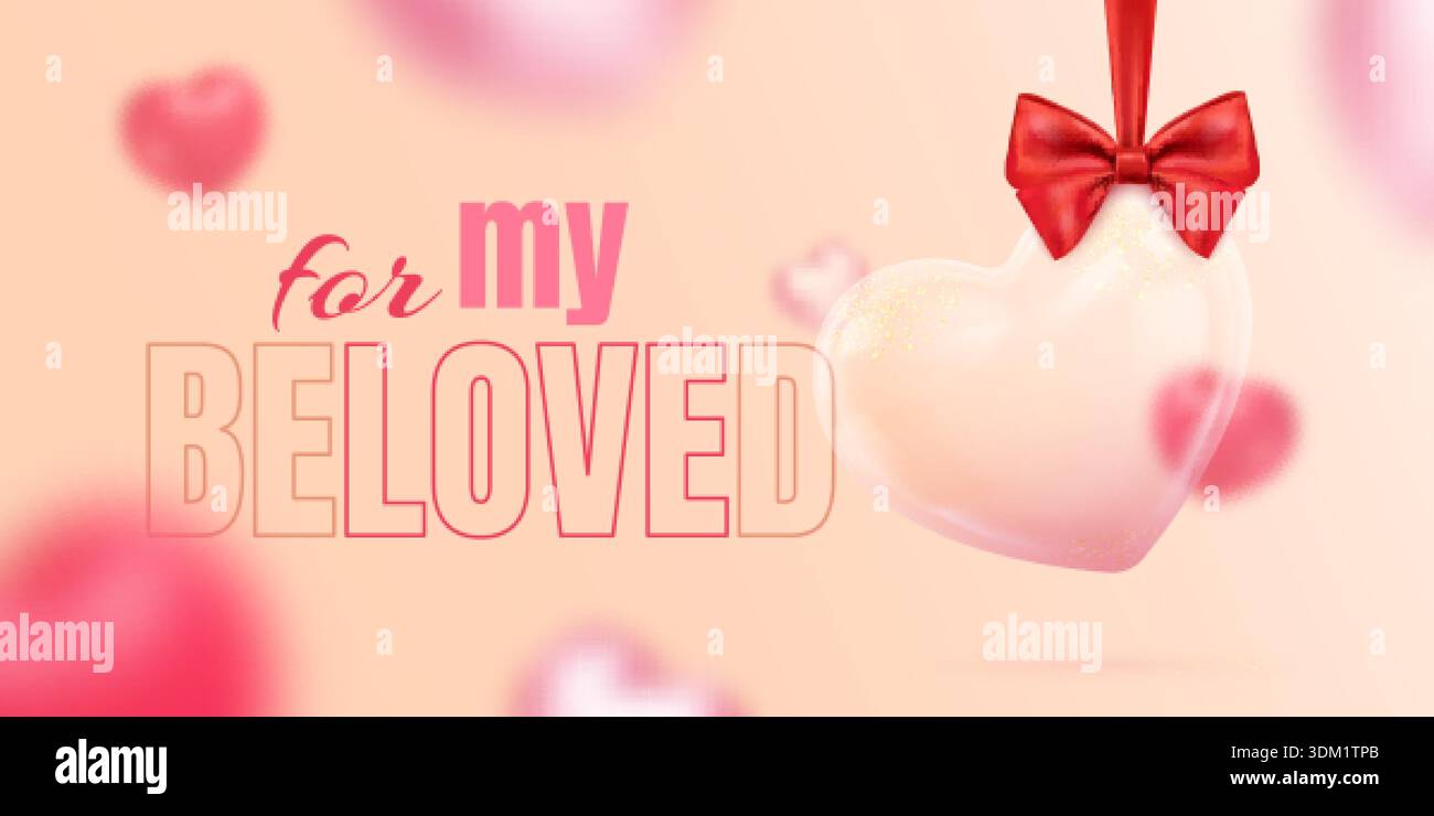 banner palloncino cuore 3d. Palloncini realistici in vetro trasparente con fiocco a nastro rosso, amore per l'amato poster per il giorno delle mamme di san valentino, illustrazione romantica del vettore di nozze, grafica originale Illustrazione Vettoriale