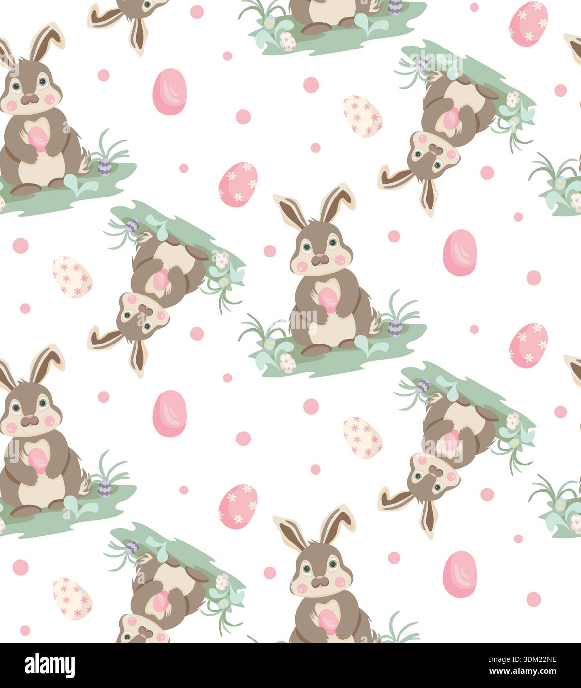 Un coniglietto seduto su un prato, con un uovo di Pasqua, circondato da altre uova di Pasqua. Un simpatico motivo vettoriale senza cuciture. Perfetto per le vacanze dei bambini desi Illustrazione Vettoriale