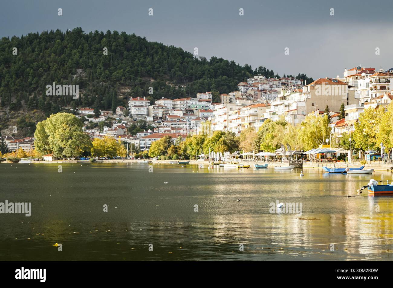 Vista panoramica panoramica della città di Kastoria sul lago nella Grecia settentrionale. Paesaggio urbano combinato con natura, acqua calma, luce soffusa e pace. Foto Stock