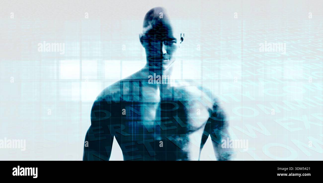La scienza raffigura l'uomo che si fonde con i sistemi di dati basati sulla tecnologia computazionale Foto Stock