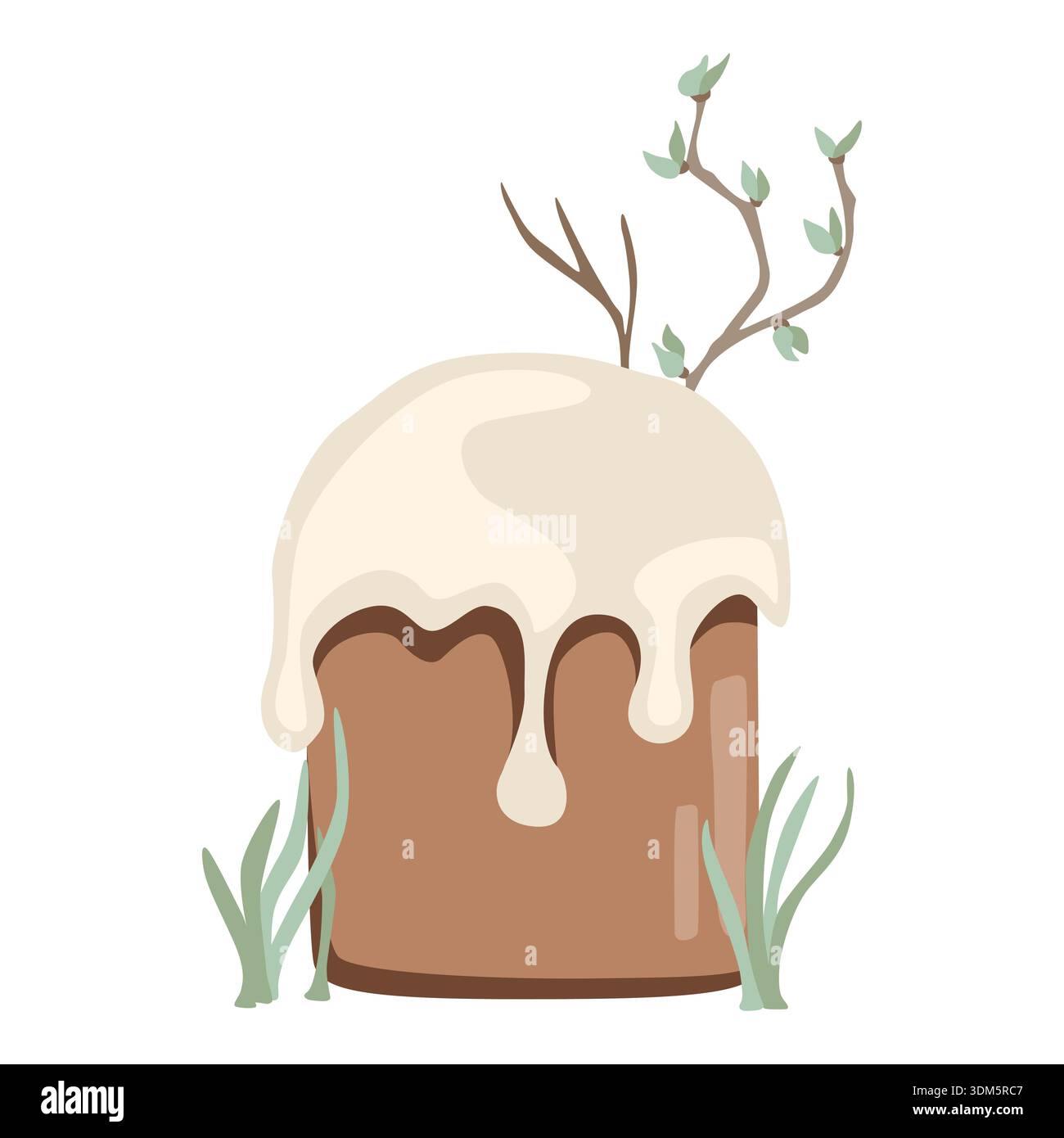 Un'illustrazione di una torta pasquale con rami e foglie, ricoperta di cremosa glassa bianca Illustrazione Vettoriale