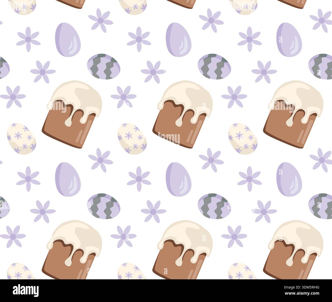 Motivo senza cuciture con elementi pasquali, con uova decorate, torte tradizionali con glassa e fiori di lilla su sfondo bianco. Illustrazione Vettoriale