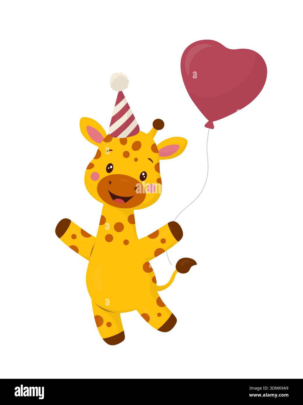Giraffa in un cappello da festa a righe con un palloncino rosso a cuore. Cartoni vettoriali piatti pastello. Simpatico animale da safari per il compleanno dei bambini Illustrazione Vettoriale
