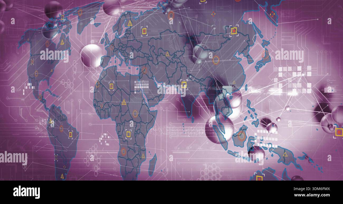 Visualizzazione della sovrapposizione globale delle mappe in un'infografica digitale, con sfere, linee e marcatori Foto Stock