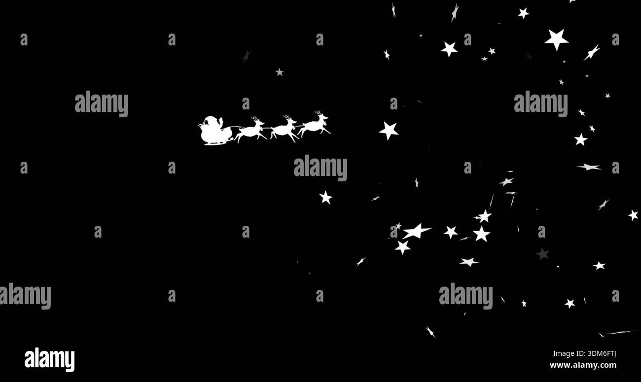 Slitta bianca scorrevole e quattro renne sul cielo notturno, con grappolo di stelle, spazio copia Foto Stock