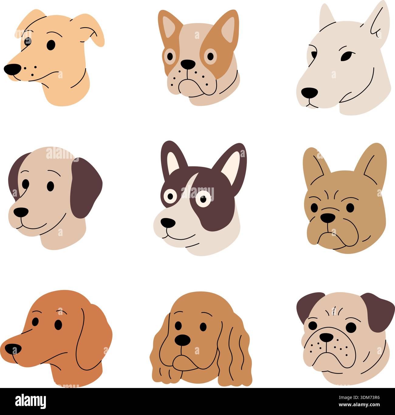 Set di teste per cani cartoni animati. Collezione line art di cuccioli con diverse razze per icone Illustrazione Vettoriale