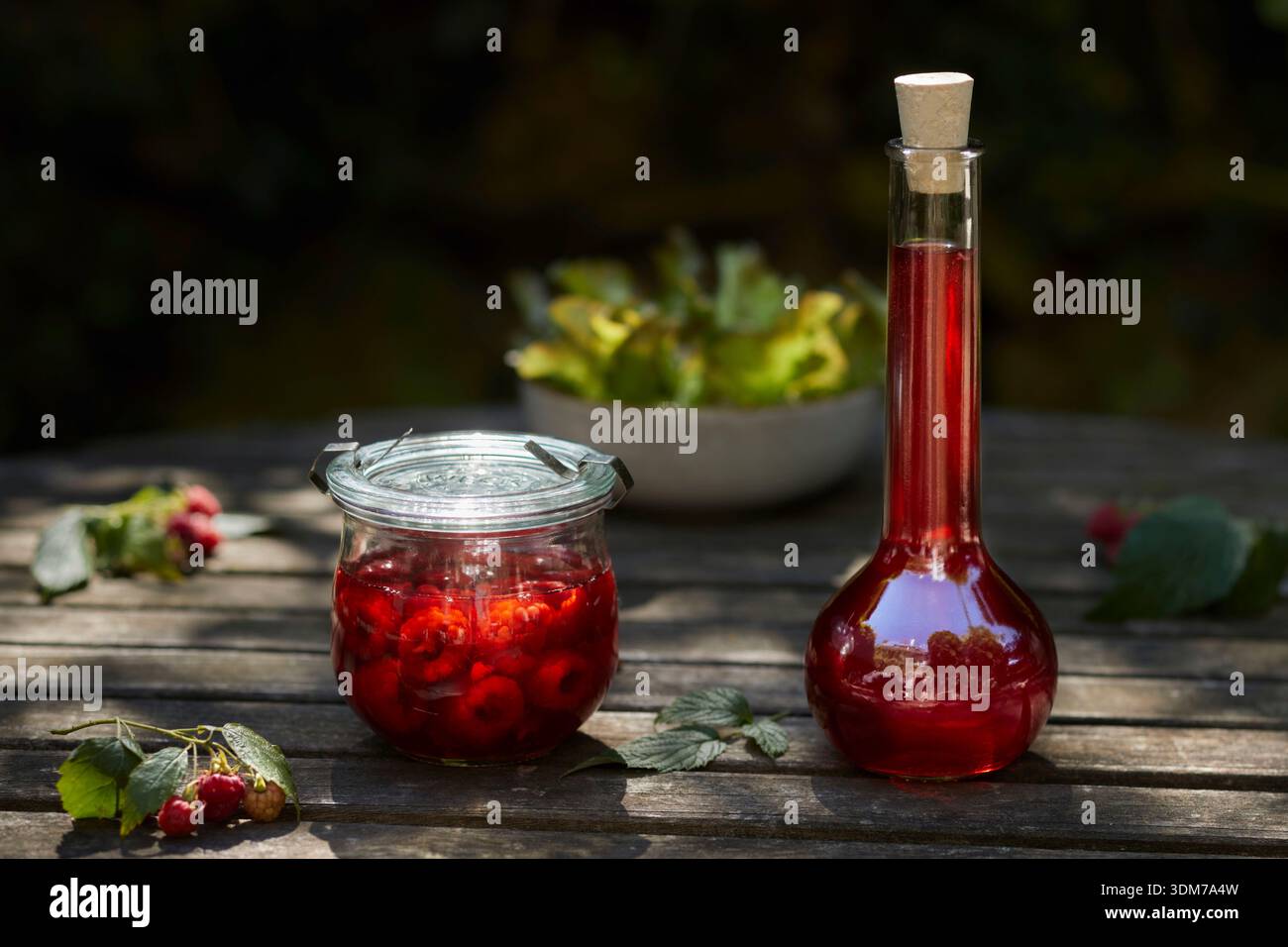 Lampone (Rubus idaeus). Aceto di lamponi fatto in casa in bottiglia e in vasetto su un tavolo di legno. Germania Foto Stock