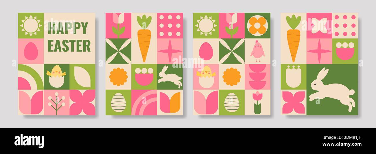 Eleganti poster di Pasqua geometrici con fiori astratti, uova e conigli. Illustrazione Vettoriale