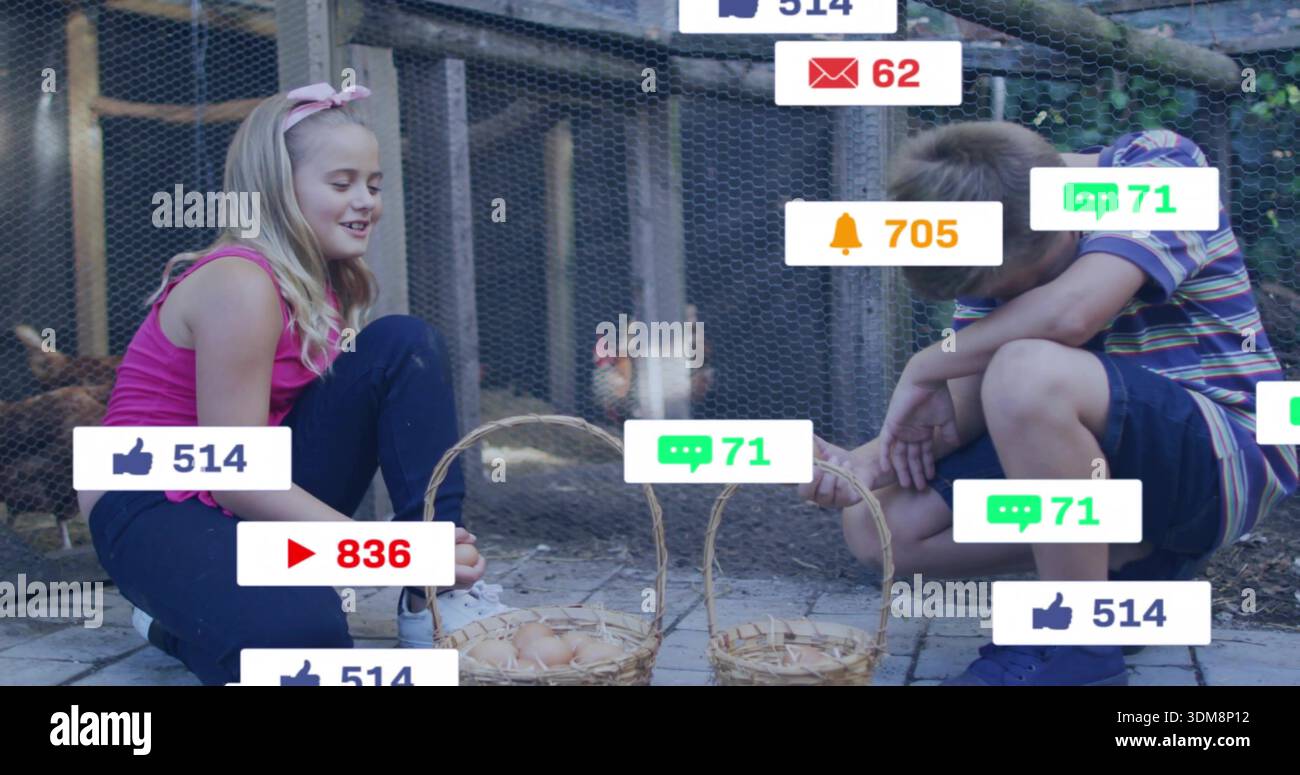 Ragazza seduta con top rosa e ragazzo che organizza cestini per le uova con polli vicino alla coop lastricata, icone sociali Foto Stock