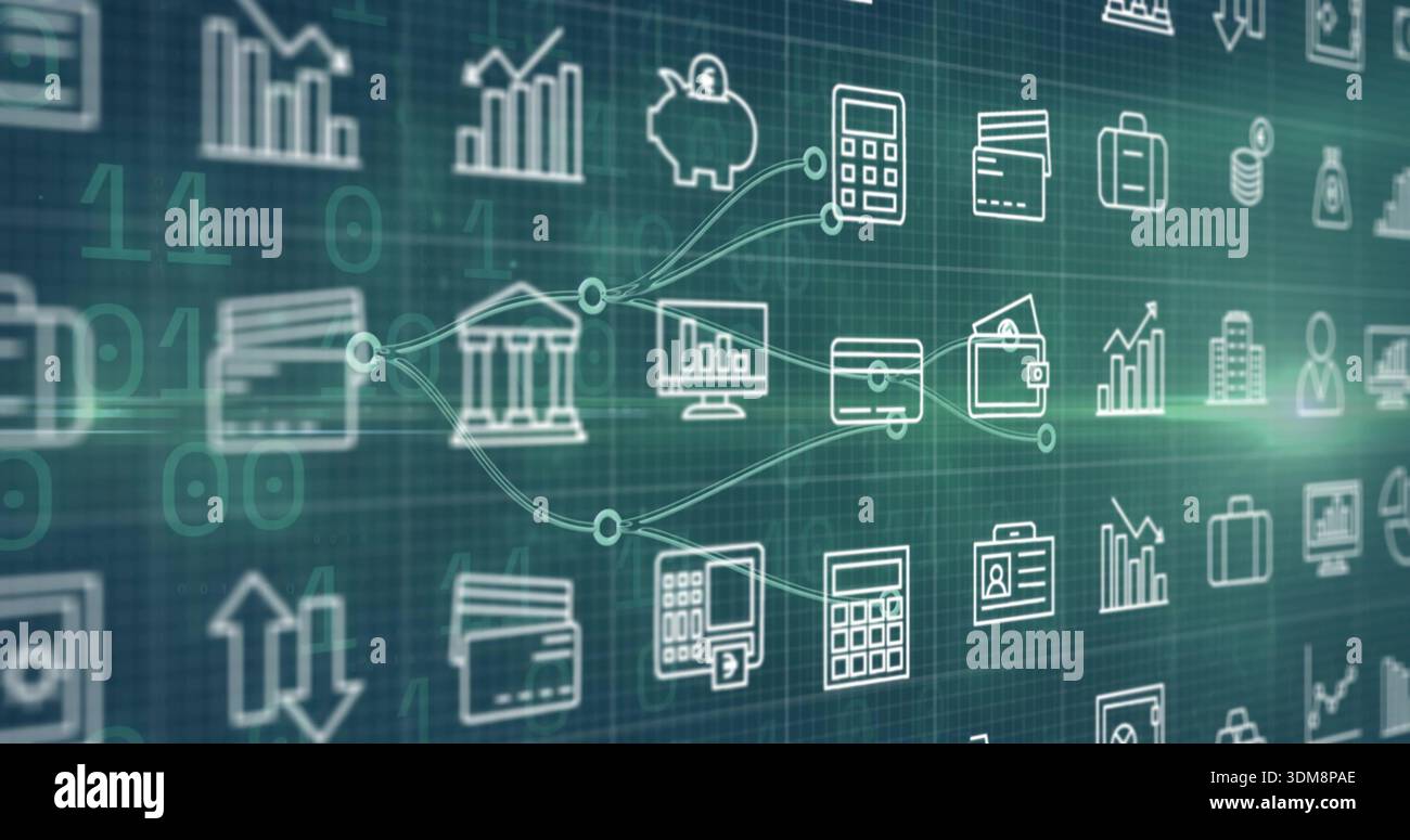 Mostra il cluster centrato di icone finanziarie bianche collegate che scorrono sul dashboard con nodi circolari Foto Stock