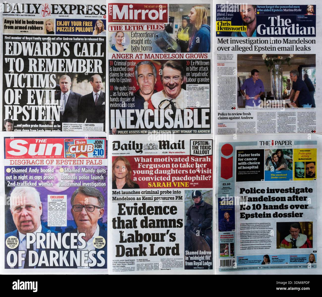 4 febbraio 2026. Una selezione di titoli di giornale britannici a seguito di ulteriori rivelazioni su Lord Mandelson nei file Epstein più recenti. Foto Stock