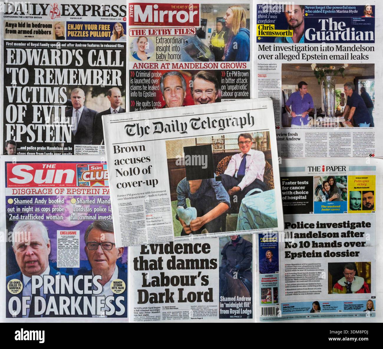4 febbraio 2026. Una selezione di titoli di giornale britannici a seguito di ulteriori rivelazioni su Lord Mandelson nei file Epstein più recenti. Foto Stock