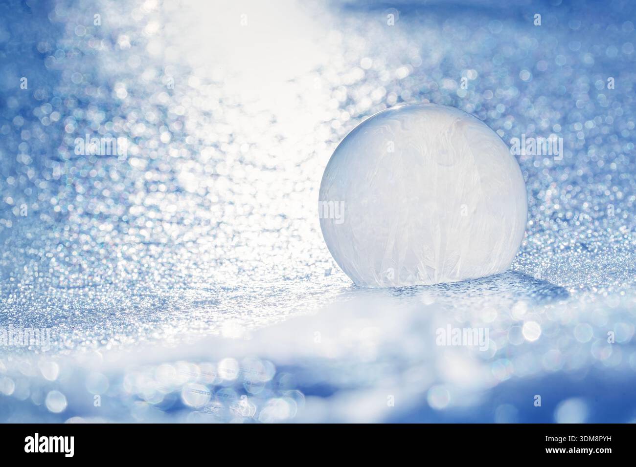 La bolla di sapone ghiacciato riposa sul ghiaccio all'alba in un giorno sotto zero Foto Stock