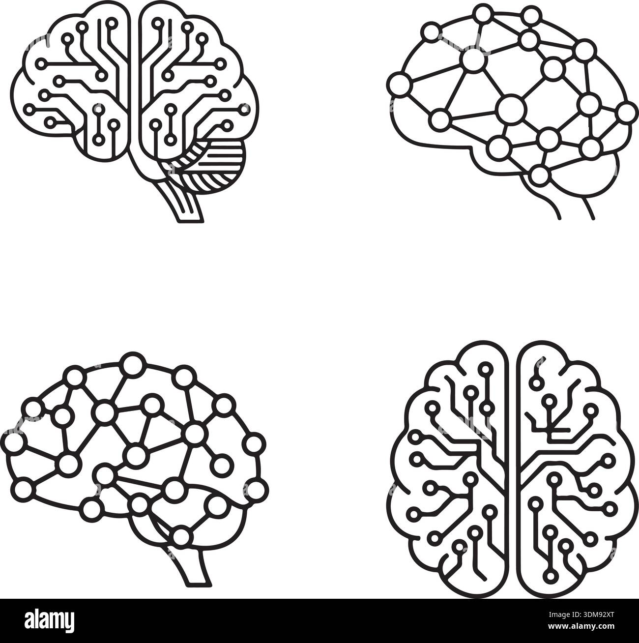 Set di 4 icone cerebrali digitali minimaliste che rappresentano le reti neurali l'intelligenza artificiale e l'apprendimento automatico Illustrazione Vettoriale