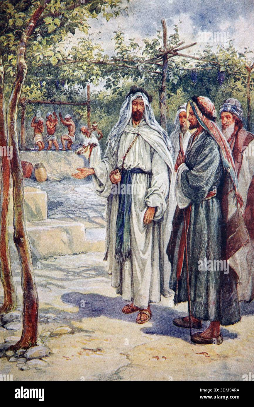 Illustrazione del Vigneto e del vino (Giovanni) - parabola di Gesù Cristo che è la vera vite e suo padre è il Vignaiolo dell'Antique Childre Foto Stock