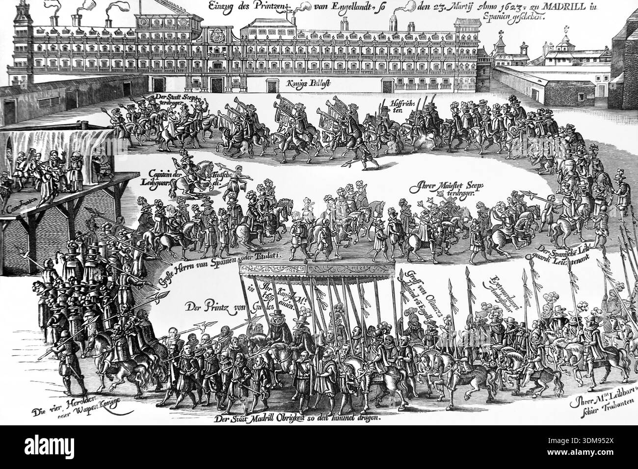 Illustrazione dell'entrata del principe Carlo (futuro Carlo i) a Madrid nel 1623 per garantire un trattato di matrimonio tra il principe protestante Carlo Foto Stock