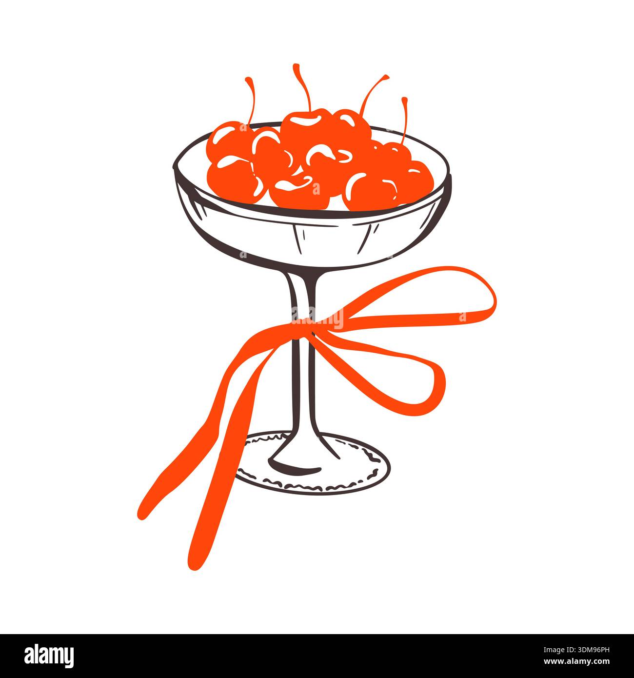 Dessert alla ciliegia disegnato a mano in un bicchiere da cocktail con fiocco di coquettish. Disegnare l'illustrazione in stile pastello a forma di scarabocchio. San Valentino, Weddin Illustrazione Vettoriale