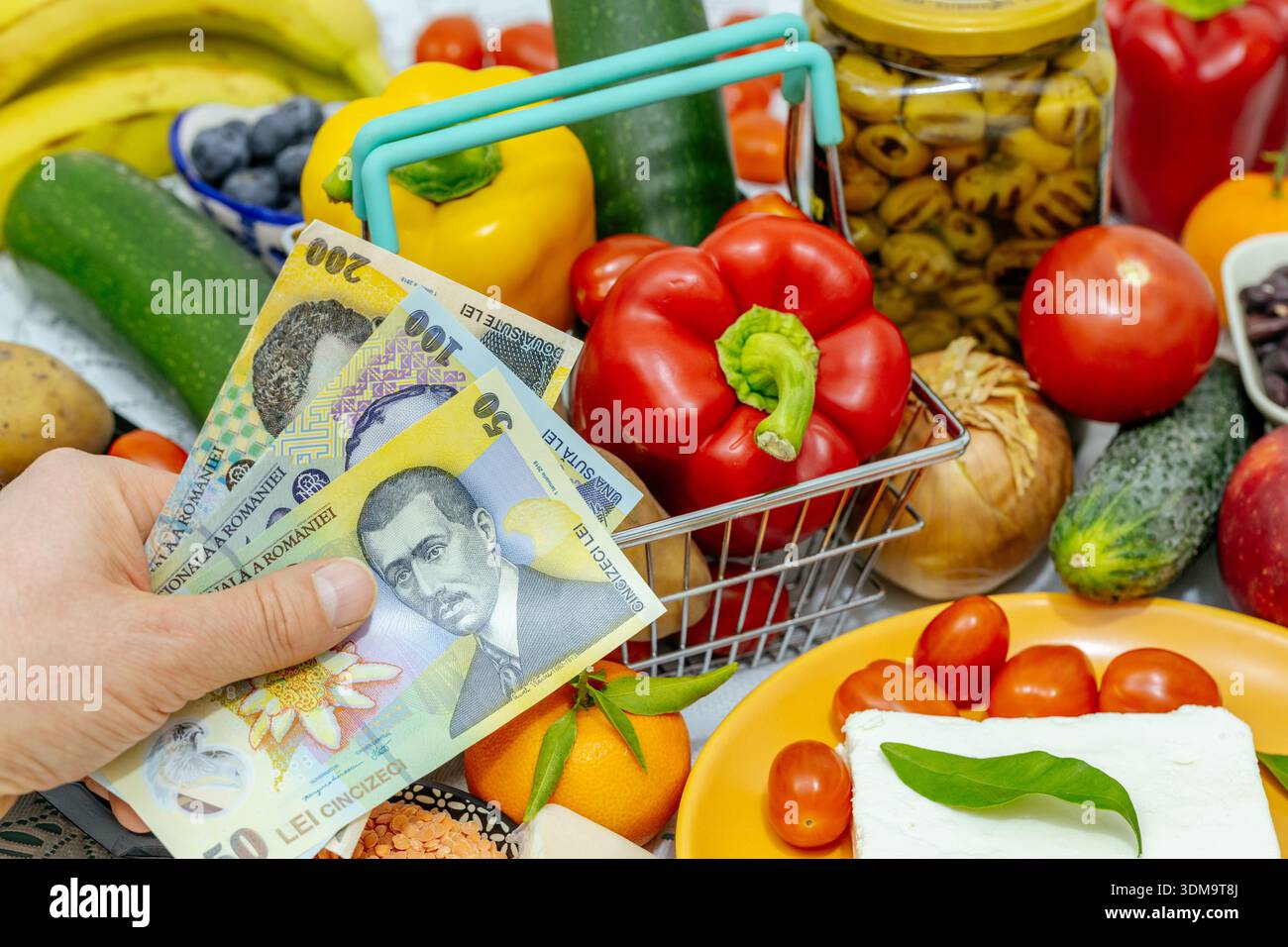 Prezzi dei prodotti alimentari rumeni. Concetto finanziario ed economico. Soldi rumeni. Prezzi in aumento, budget delle famiglie. Prodotti di base. Carrello della spesa con cibo Foto Stock