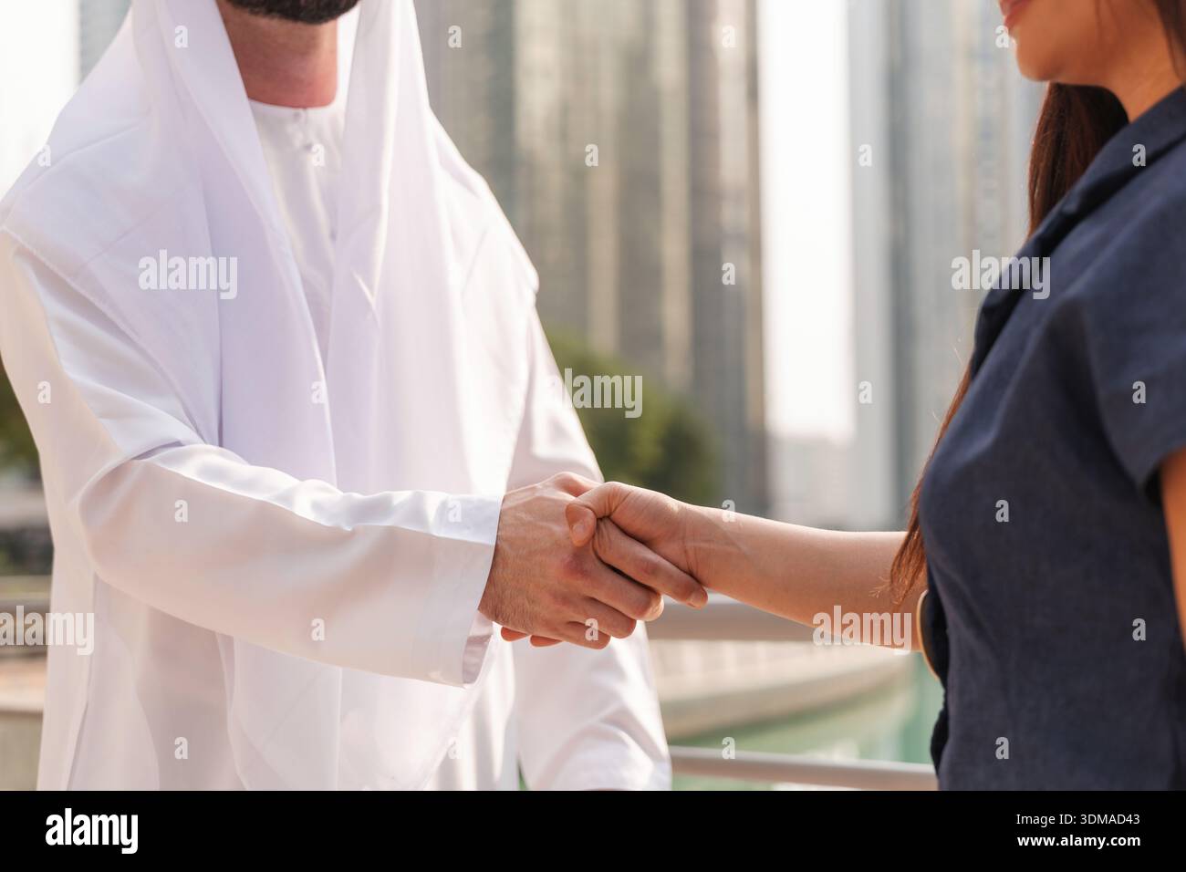 Stretta di mano in contesti commerciali internazionali, un uomo d'affari mediorientale e una donna d'affari asiatica che sta concludendo un accordo commerciale. Foto Stock