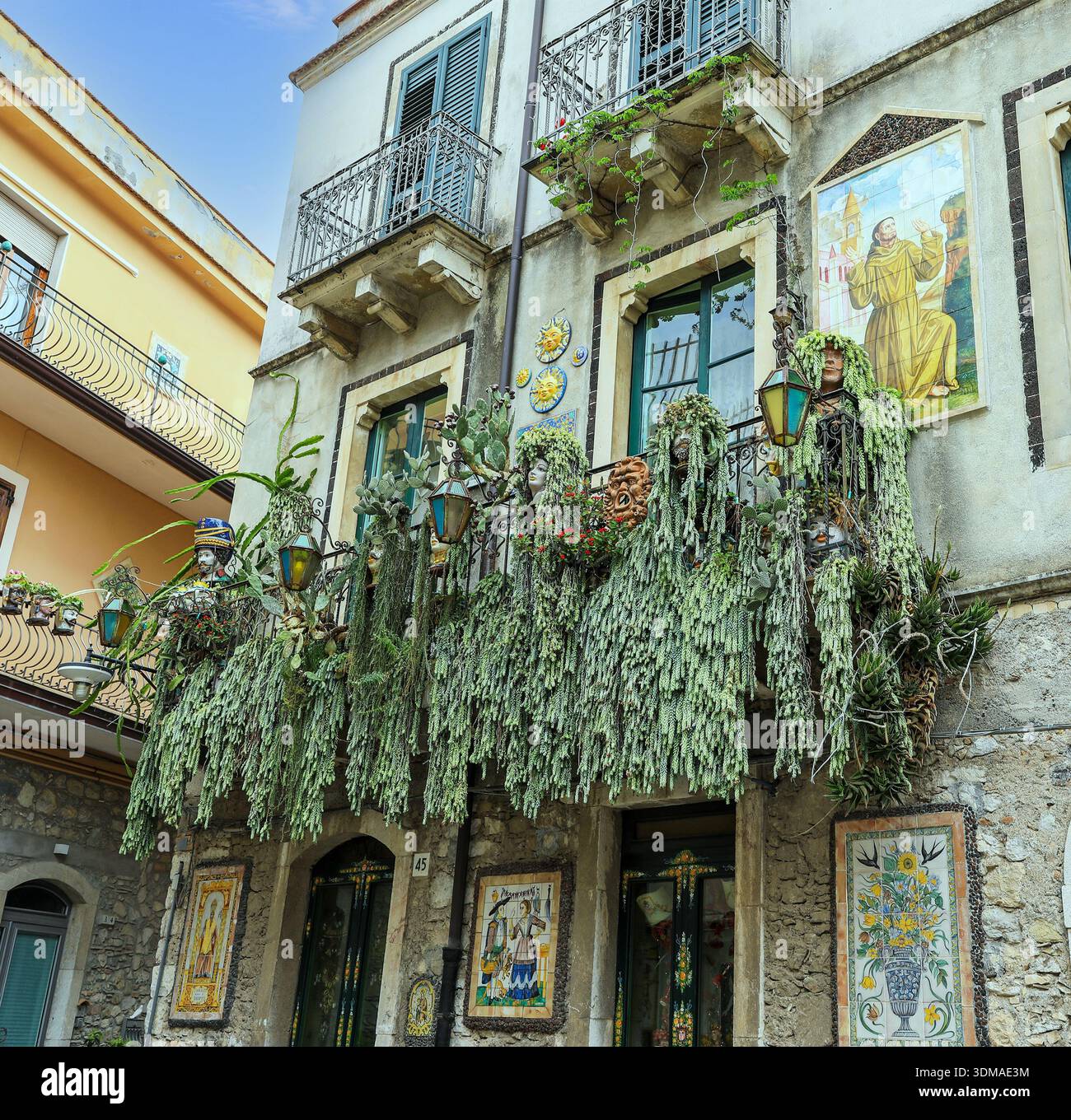 Sedum morganianum, la coda d'asino o la coda di burro, che cresce in vasi sul balcone di una casa a Taormina, Sicilia, Italia, Europa Foto Stock