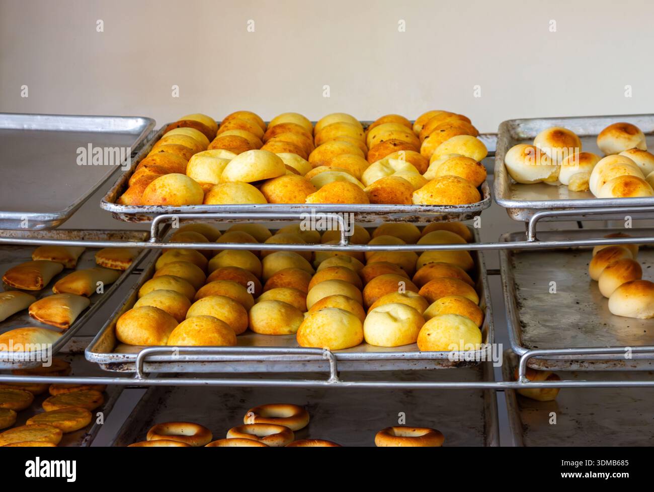 Pile di panini dorati disposti ordinatamente su vassoi in metallo, che presentano una varietà di forme e dimensioni in un ambiente caldo. Foto Stock