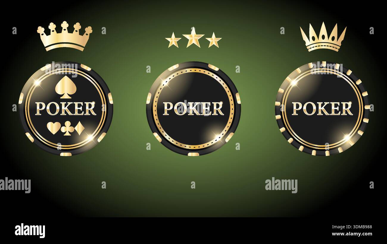 Eleganti chip da poker con accenti dorati che mostrano i simboli delle carte classiche su sfondo verde Illustrazione Vettoriale
