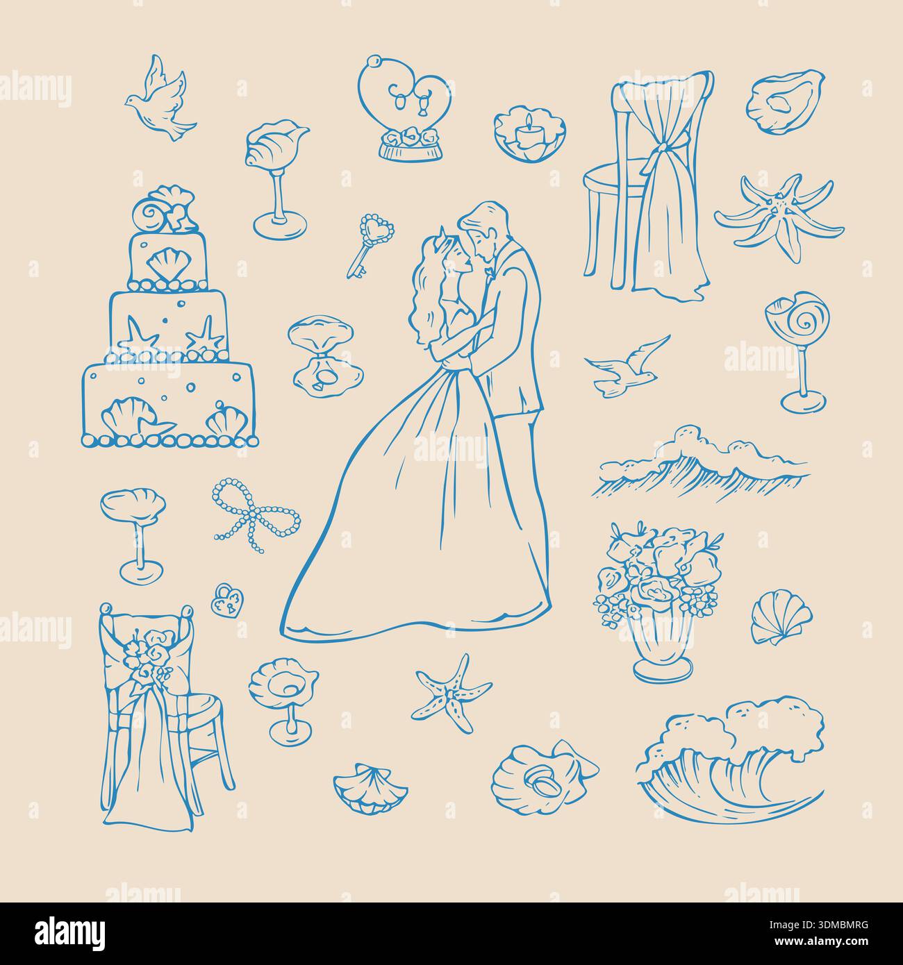Affascinante collezione di spaghetti per matrimoni di mare disegnati a mano Illustrazione Vettoriale