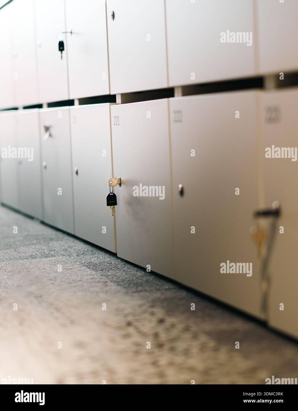 Armadietti per ufficio prospettiva corridoio. Interni moderni con armadietti in metallo con porte numerate, chiavi, sistema di sicurezza design minimo Foto Stock
