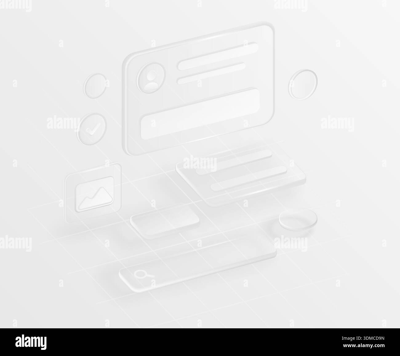 Moderni componenti dell'interfaccia utente in vetro 3D disposti in un assieme astratto, con uno stile minimale in bianco e nero, isolati su sfondo bianco Illustrazione Vettoriale