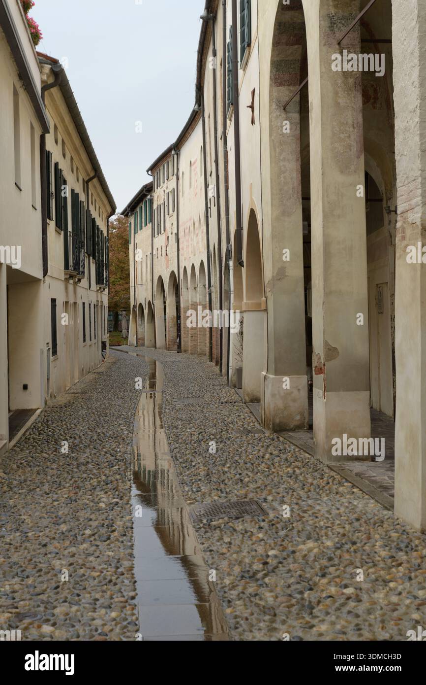 Pittoresca strada lastricata "portici" con un canale a Treviso, conosciuta come "piccola Venezia". Foto Stock