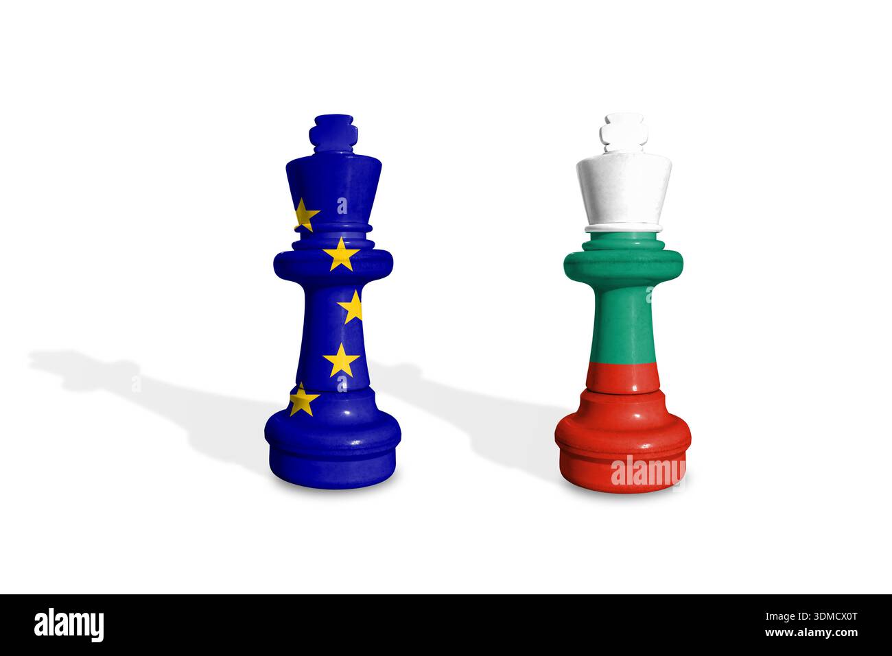 Scacchi fatti con bandiere UE e Bulgaria. L'Unione europea è un'unione politica ed economica di 27 paesi europei Foto Stock