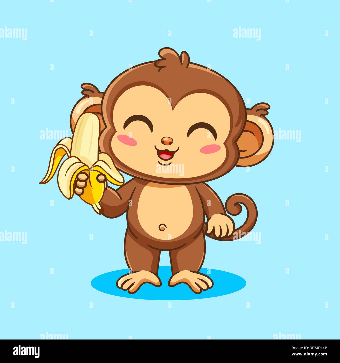 Adorabile scimmia che regge un cartoon Kawaii Design con illustrazione a base di Banana Vector Illustrazione Vettoriale