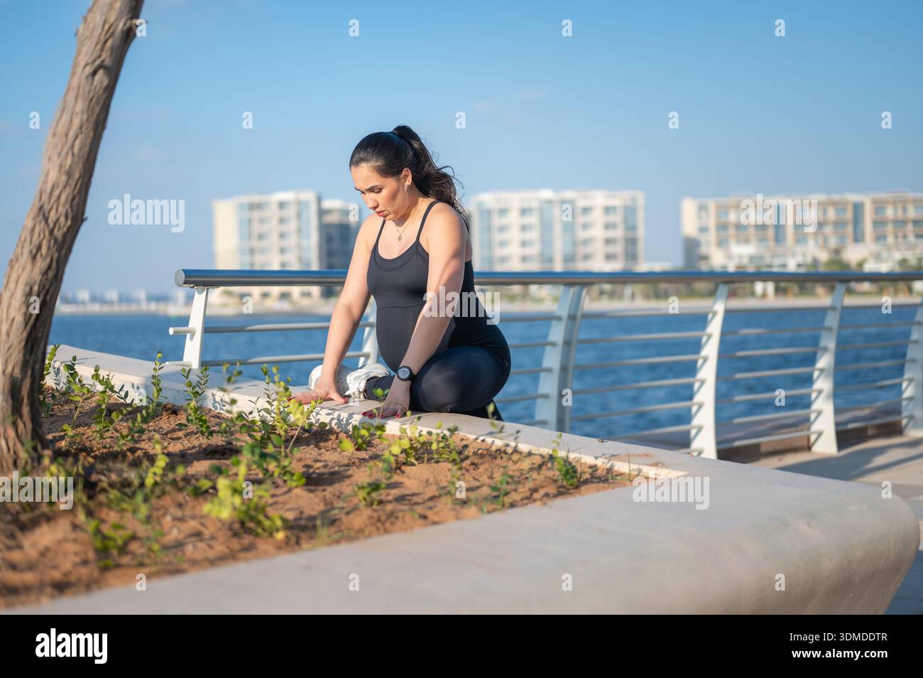 In un ambiente tranquillo all'aperto, una donna incinta si impegna nello stretching mirato per migliorare il suo percorso di benessere, esemplificando l'importanza del fitness Foto Stock