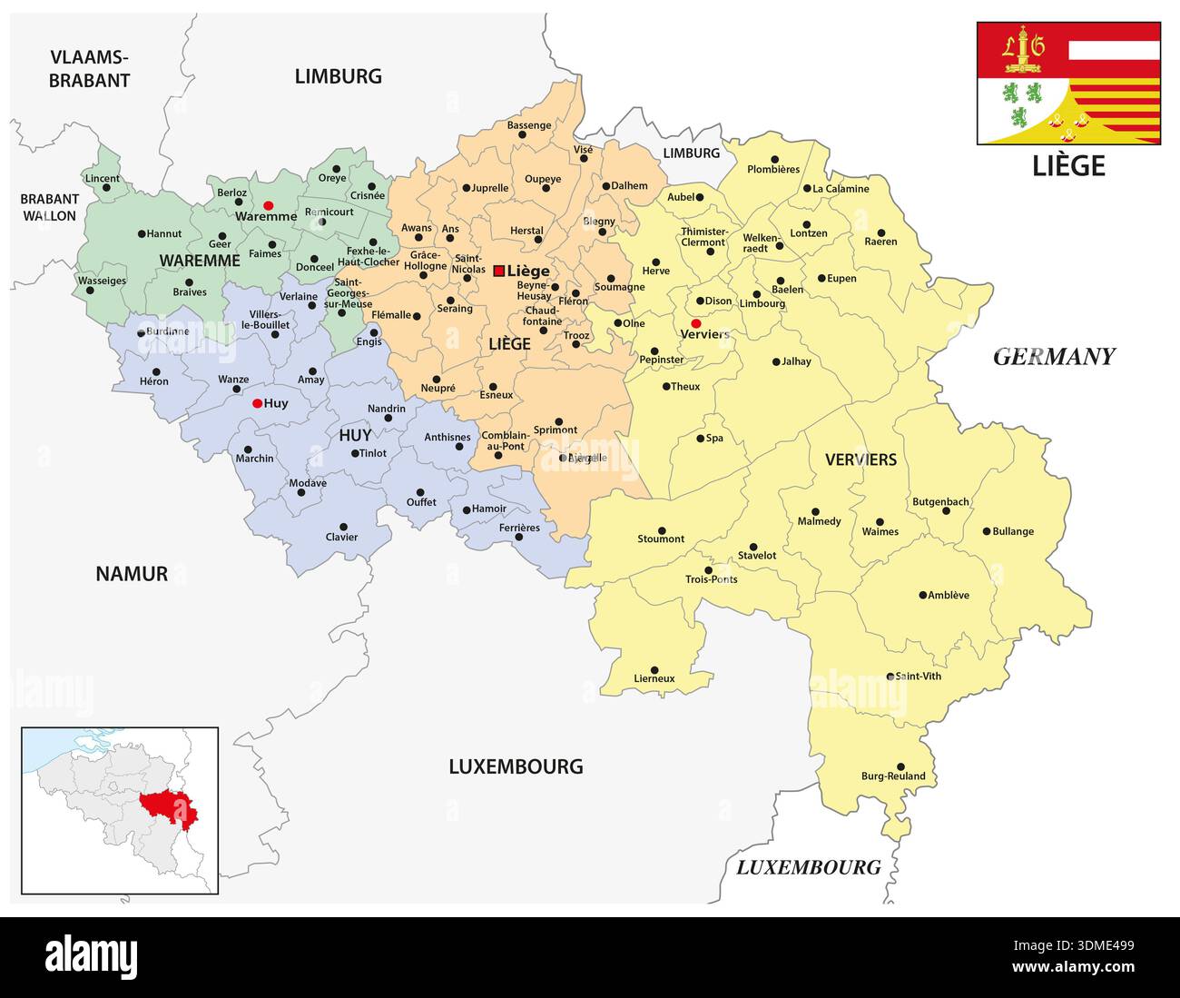 Mappa amministrativa della provincia belga di Liegi Foto Stock