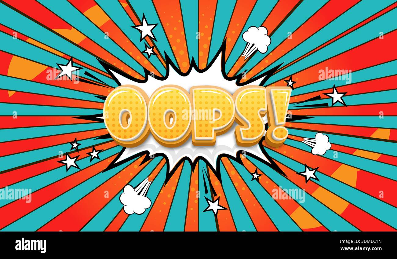 Testo Opps su sfondo fumettistico. Sfondo pop art moderno e creativo con mezzitoni e raggi radiali. Design anime con un effetto esplosivo. Vettore Illustrazione Vettoriale