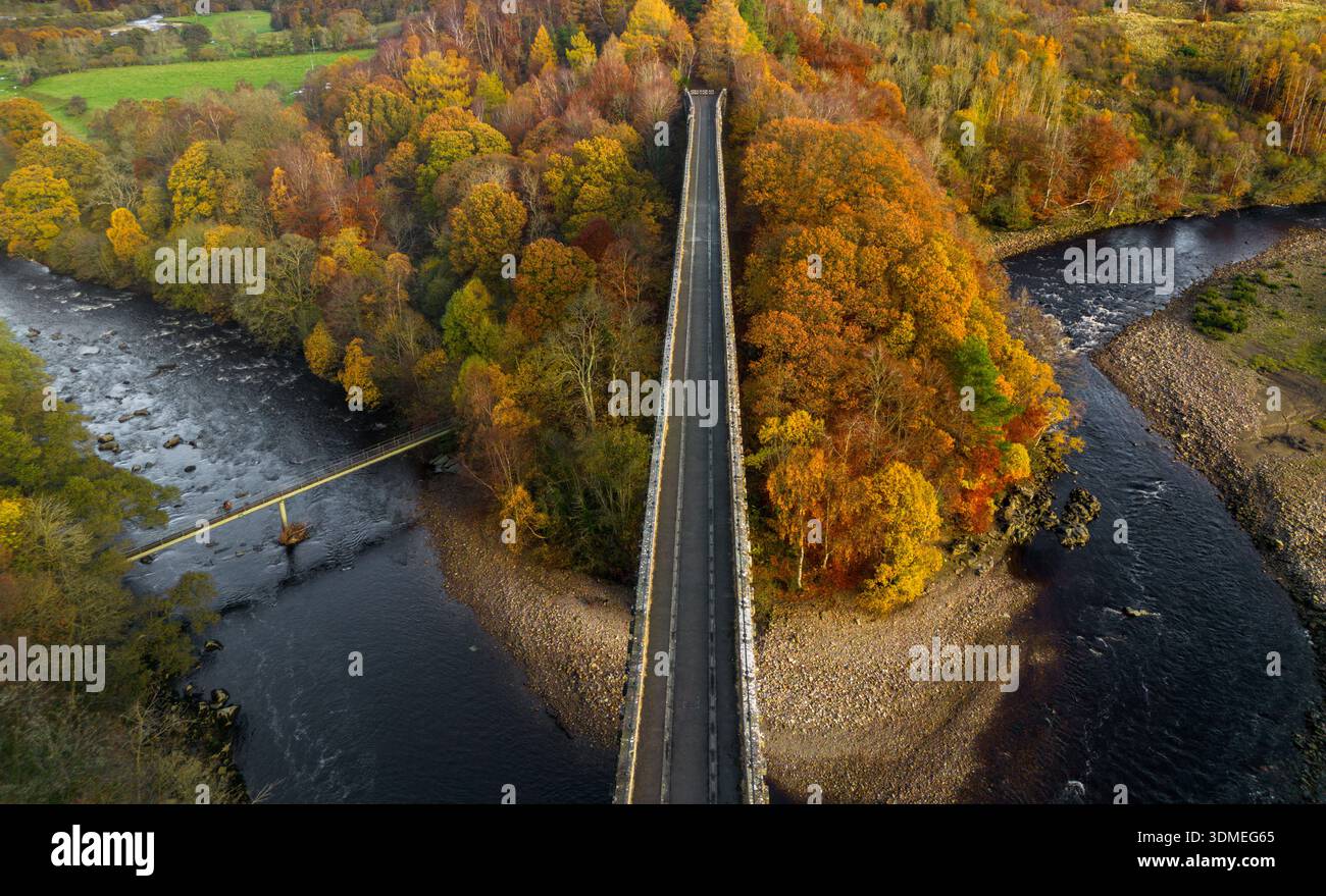 Lambley Viaduct a cavallo del fiume South Tyne nel Northumberland, in una giornata limpida in autunno, preso dal drone Foto Stock