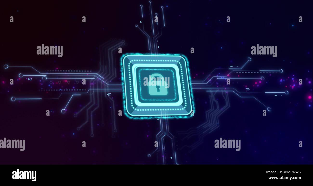 Modulo microchip verde acqua brillante che invia tracce del circuito attraverso un campo viola scuro, con icona a lucchetto Foto Stock