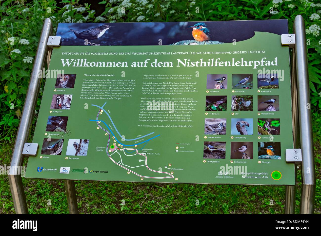 Bacheca informativa "Benvenuti nel sentiero naturalistico per gli aiuti alla nidificazione" presso il centro informazioni di Lauterach Foto Stock
